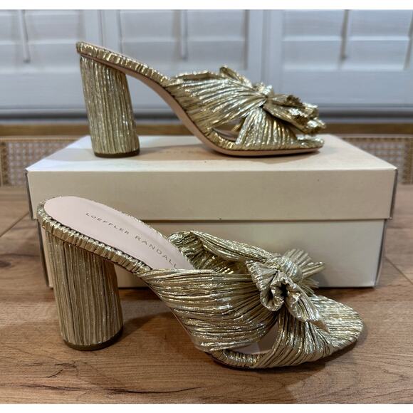 Loeffler Randall Penny Gold Pleated Bow Heel Size 6 NIB Glam Dressy Knotted Top - Picture 2 of 14